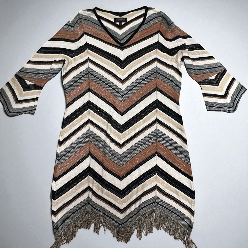 Shyanne Women’s XXL Chevron Stripe Knit Tunic Dress Fringe Hem 3/4 Sleeve Boho